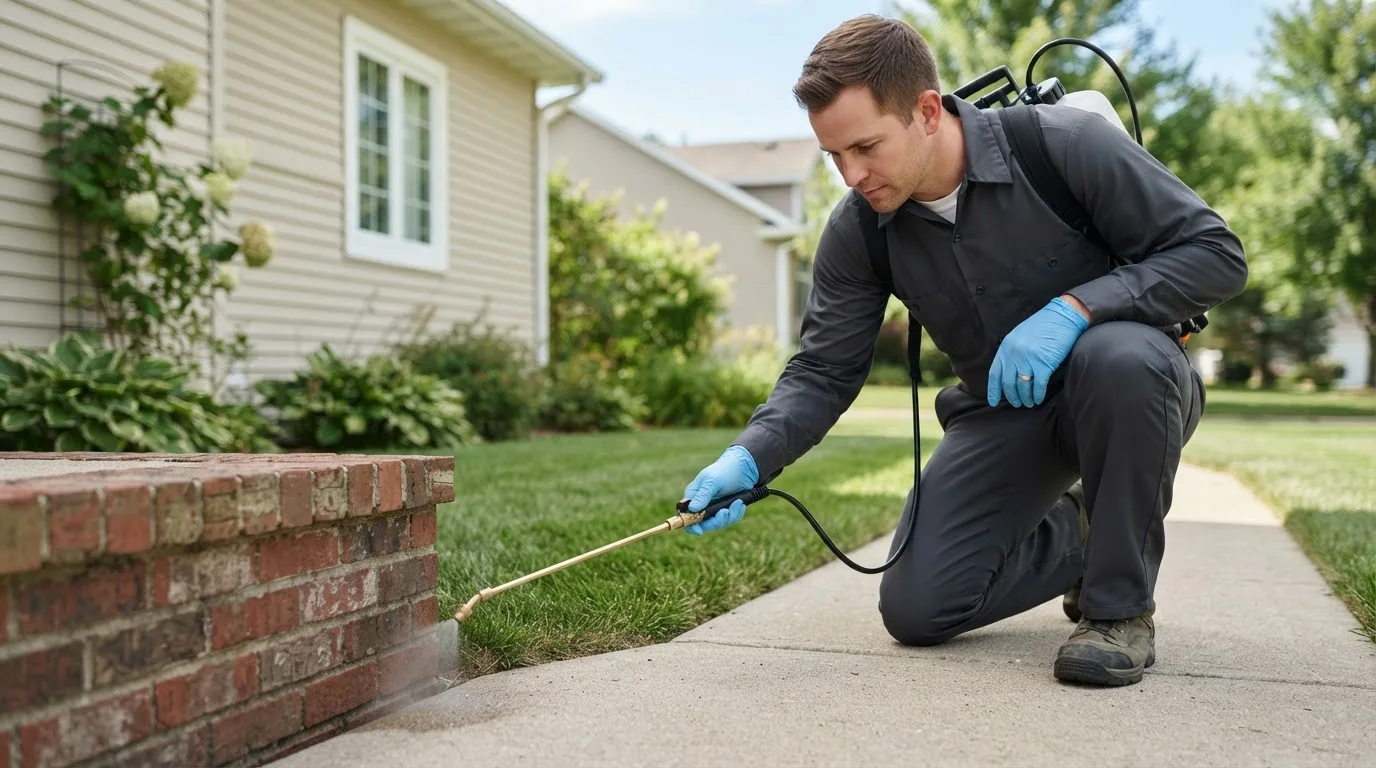 Pest control technician treating a home near East Arlington, VT